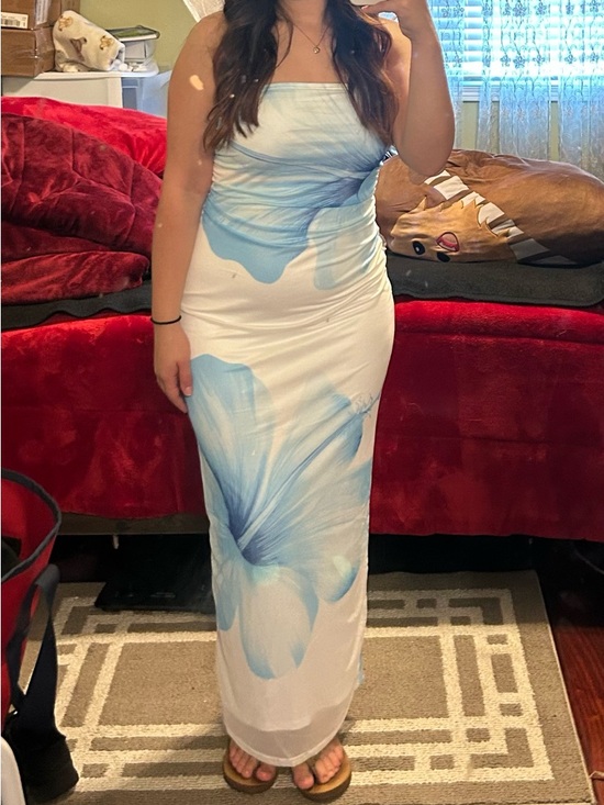 Amazon Dresses & Skirts - Amazon White Strapless Maxi Dress with Light Blue Floral Print